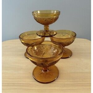 Vintage Amber Tiara Indiana Glass Sandwich Footed Sherbet Champagne Cups 4